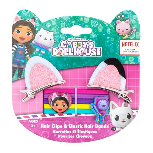 Gabbys Dollhouse Childrens Hair Accessories Set Cat Ear Hair Clips & 5 Elastic Hair Bands MerCat or Pandy Paws Design Selected at Random