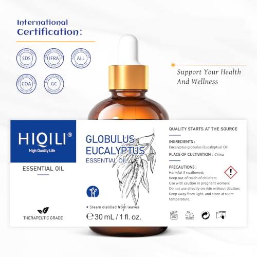 Image of HIQILI Eucalyptus Essential Oil for Diffuser, Humidifier & Aromatherapy | Premium Grade Essential Oils with Dropper for Spray, Skin, DIY, Air Freshening & Home Cleaning -30mL / 1.01 fl oz