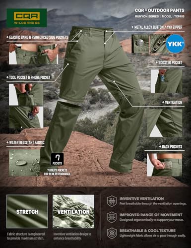 Image of CQR Men's Convertible Cargo Tactical Pants, Water Resistant Outdoor Hiking Pants, Zip Off Lightweight Stretch Work Pants