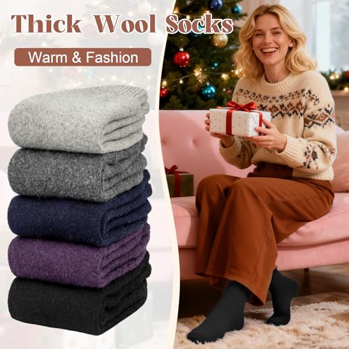 Image of 5 Pairs Wool Socks for Women, Winter Warm Cute Cat Crew Socks
