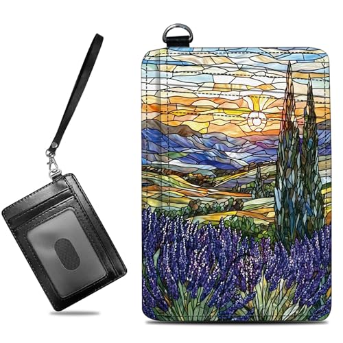Image of Small Travel Wallets, Stained Glass Lavender Slim Minimalist Front Pocket Wallet with Wristlet, RFID Blocking PU Leather Credit Card Holder with ID Window Change Purse for Men Women