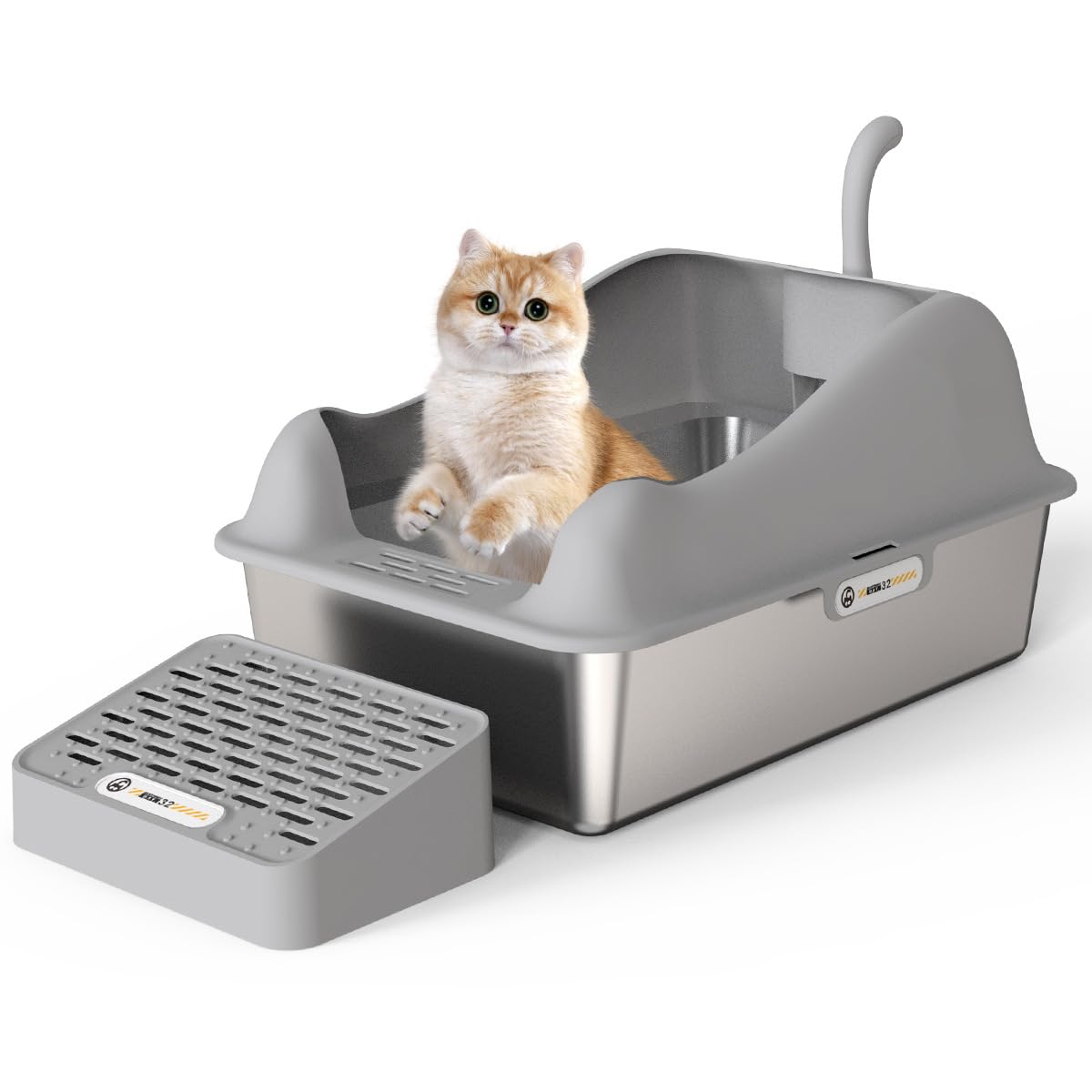 SZEETECH Kattenbak van Roestvrij Staal Met Deksel, Kattenbox Groot XL,Stainless Steel Cat Litter Box, Gesloten Kattentoilet Met Hoge Rand, Twee Ingangen, Schepje Matje Opstapje- 60x 40x39,5cm (Wit