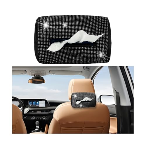 HZEL Bling Car Sun Visor Tissue Holder, Crystal Rhinestones Vehicle Napkin Hanging Box, Diamond Sparkly Automotive Backseat Paper Towel Cover Case Accessories, Universal for Most Cars (Black)
