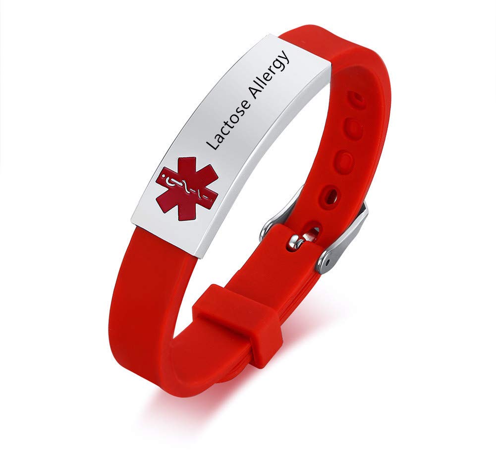 ZKXXJ Medical Alert Bracelets for Men Women - Silicone Wristband Emergency ID Identification Bracelet Caduceus Cuff Bracelet Health Alert Systems Awareness Allergy Jewelry for Teens Adults Red (lactose allergy)stainless-steel