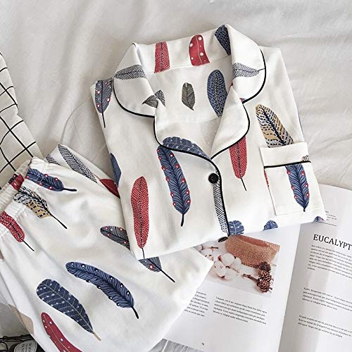 ZXF Pijama de pijama para mujer, de algodón, con estampado de plumas de manga larga y cuello alto, conjunto de dos piezas para el hogar cálido (color: pluma, tamaño: M)