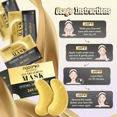 Image of NAZANO 12 Pcs 24K Gold Under Eye Patches - Eye Masks | for Puffy Eyes, Dark Circles, Bags & Wrinkles with Sodium Hyaluronate - Eye Care Pads for Daily Skincare