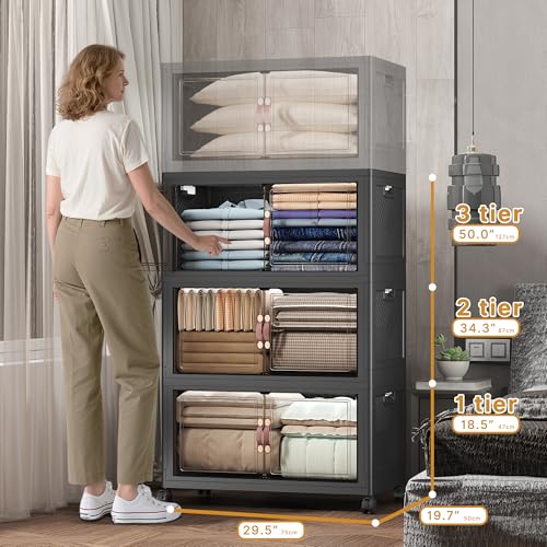 Image of UAMFURI Stackable Storage Bins with Lids, 504QT Closet Organizers and Storage Cabinet with Doors & Wheels, Lockable Plastic Foldable Drawers for Bedroom Dorm Office Garage(168QT*3,Black)