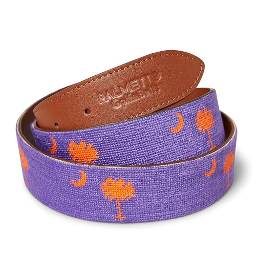 Palmetto Golf & Belts, Handmade Palmetto Tree Needlepoint Golf Belt, Purple Clemson backdrop with Orange Palmetto Tree3