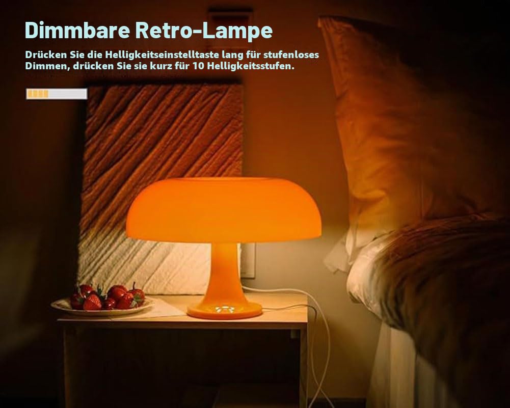 Orange Tischlampe LED Pilz Tischleuchte mit USB Kabel Nachtlicht Innen Dimmbar Nachttischlampe Moderne Beleuchtung Tischlichter Mushroom Dekoration Lampe für Schlafzimmer Wohnzimmer,Orange