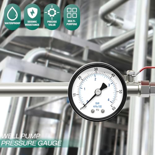 Image of 0-60psi Well Pump Pressure Gauge 1 /4 inch NPT 2 inch Face Dial Size Back Mount, Multifunctional Practical Dry Pressure Gauge, for Water, Oil and Air Compressor