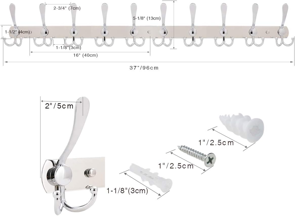 VXAR Coat Racks Wall Mounted 10 Tri Hooks Hanger Heavy Duty Stainless Steel for Hanging Towel Clothes Robes Bag Purse Entryway Bathroom Bedroom Silver 1P