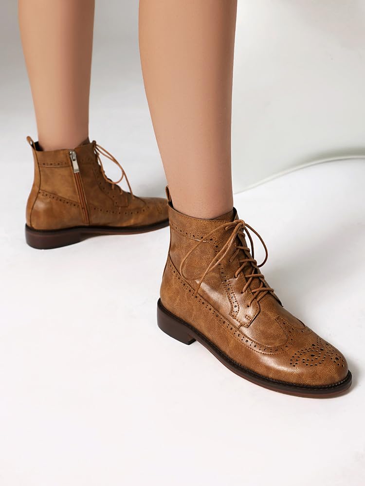 Low Heel Lace Up Combat Boots for Women Military Oxfords Low Heel Side Zipper Round Toe Brogue Ankle Boots2