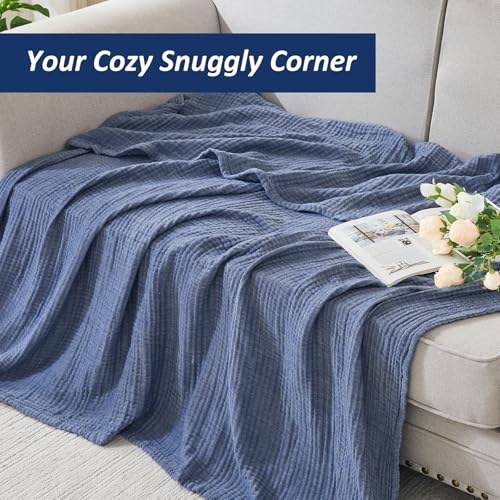 Image of EMME Cotton Muslin King Blanket Bed Layering Bedspread Coverlet Breathable Gauze Soft Lightweight (Heather Navy, 108 inchx90 inch)