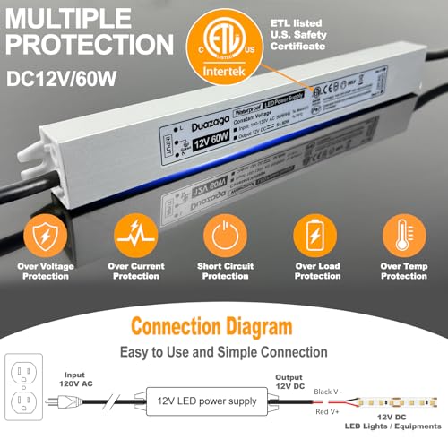 Image of LED Driver 60W 5A 12 Volt Power Supply 120V AC to 12V DC Converter | IP67 Waterproof, ETL Listed Low Voltage Transformer, Slim Transformador, Plug with 4.4ft Cord for Outdoor LED Light and Sign
