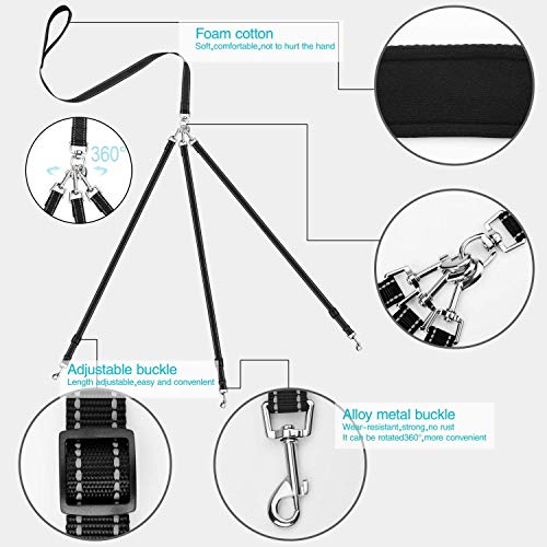Heavy Duty Tangle Free 3/Three Way Dog Coupler Leash With Padded Handle,Reflective Triple Braid Split Lease Pet Leash For Walking 3/2/1 Medium Large Dogs Training (Muticolor) #TOP1