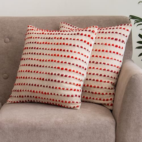 Image of Handwoven Ruby Stripe Sofa Throw (50x70 Inches) with 2 Pcs Cushion Cover(16x16 Inch) Soft Lightweight Thrower for Couch, Living Room & Bed (Pack of 3)