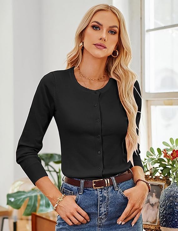 GRACE KARIN Women's Long Sleeve Button Down Crew Neck Classic Sweater Knit Cardigan - Image 2