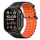 MoKo Ocean Band Kompatibel mit Apple Watch Ultra 3/2/1 49 mm,S11/S10 46 mm, 9/8/7 45 mm, SE3/SE2/SE/6/5/4 44 mm, 3/2/1 42 mm, Atmungsaktives Silikon-Sportarmband mit Metallverbinder,Swz/Schwarz&Orange