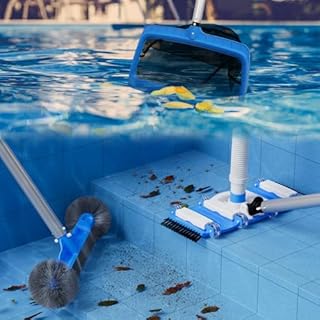 TidyMister 3-in-1 Pool Cleaning Kit Full Set - 18in Rounded End Pool Brush & Ergonomic Pool Vacuum Head with Wheels& Pool Nylon Net Fine Mesh for Above Ground In-ground Pools, Spas, Hot Tubs