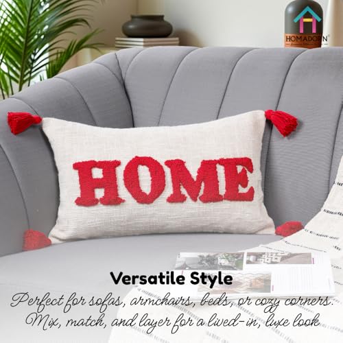 Image of HOMADORN 100% Cotton Text Pattern Handtufted /Embroided Decorative Cushion Cover (12X20 Inches) (1, Home RED)