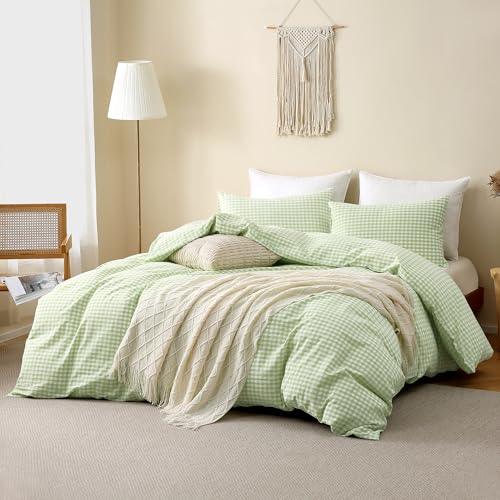 Image of TOCOMOA Plie Green Gingham Duvet Cover Bedding Set 100% Washed Cotton Like Linen Feel Super Soft Comfy 3 Piece Vintage Plaid Checkered Comforter Cover Set (King 104 inchx90 inch, Comforter Not Included)