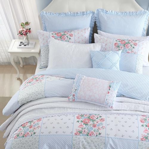 Image of Laura Ashley - Comforter Set, Super Soft Bedding with Matching Shams, Includes Bonus Throw Pillow Covers, Coquette Room Decor (Hope Patchwork Blue, King)