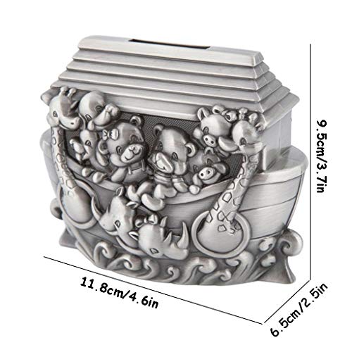 Piggy Bank Metal kreatywne prezenty Arka Noahs zwierzęta cyna moneta bankowa prezent dla chłopców i dziewcząt (kolor: Srebrny, rozmiar: 11,8 × 6,5 × 9,5 cm)
