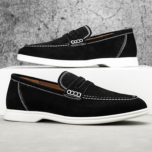 Image of Meijiana Men's Genuine Leather Loafers Slip-On Moccasins Suede Dress Shoes, Lightweight and Breathable with Rubber Sole Stylish Mens Loafers