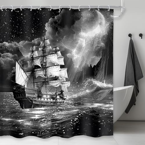 Cinbloo Black and White Beach Shower Curtain 60Wx72H Ocean Coastal Sailboat Bathroom Curtain Set Moon Clouds Nautical Bath Curtain Fantasy Starry Night Sky Bathroom Decor Cloth Fabric with 12 Hooks