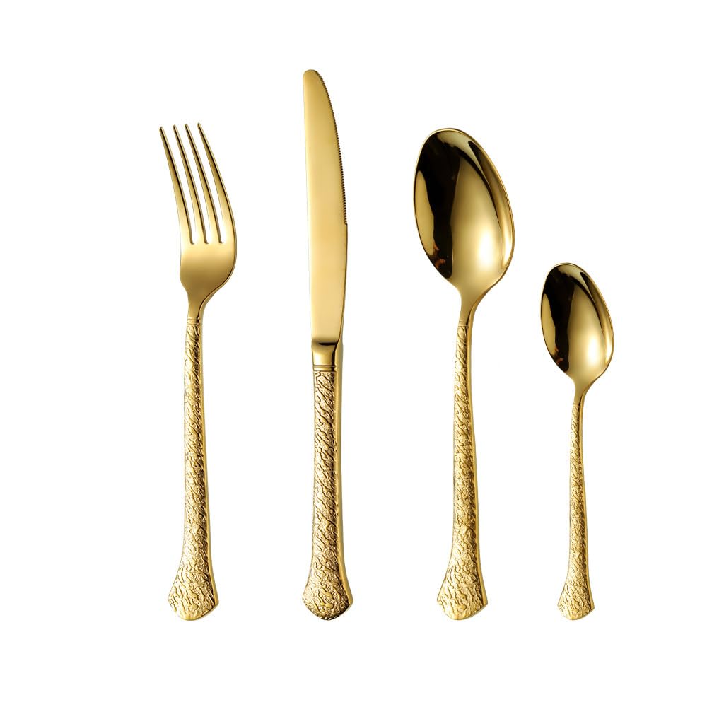 Ce Service de Couverts de 64 pièces à Manche martelé, en Acier Inoxydable 18/8 Durable, est Un Ensemble Moderne d'ustensiles de Table pour la Maison, la Cuisine, Les Mariages et Les restaura