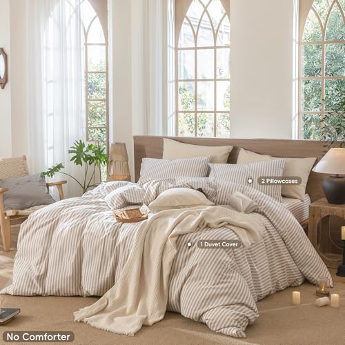 Image of MooMee Striped Duvet Cover Set 100% Washed Cotton Linen Like Super King | Relaxed Linen-like Texture. Soft, Breathable & Long-lasting Comfort. Lightweight. Hidden Zipper with 8 Interior Corner Ties
