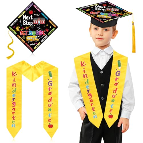 CASLON Preschool Graduation Cap & Stole for Kids Kindergarten Grad Next Stop 1st Grade Black Cap Yellow Stole