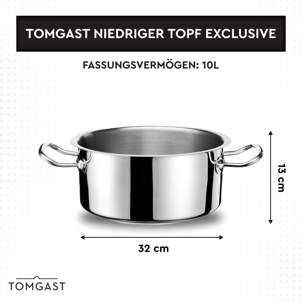 Ekskluzywny garnek o średnicy 32 cm | pojemność 10 l, wysokość 13 cm | stal nierdzewna | na zewnątrz polerowana na wysoki połysk | ergonomiczny uchwyt | trójwarstwowe dno | indukcja | nadaje