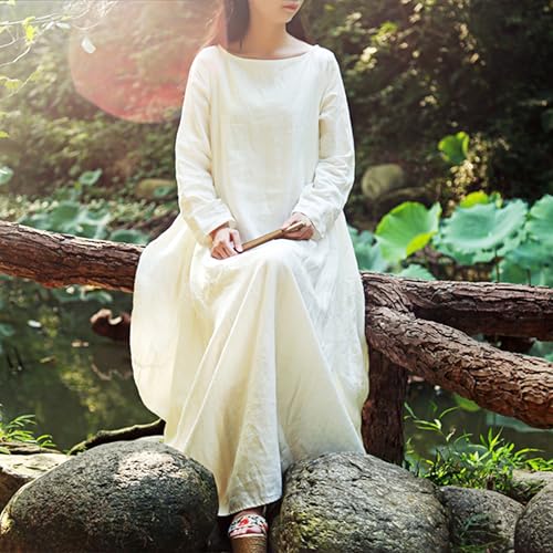 Image of Women's 2025 Spring 100% Linen Long Dress with Long Sleeve Maxi Dress Casual Loose Fitin Solid Color Pockets