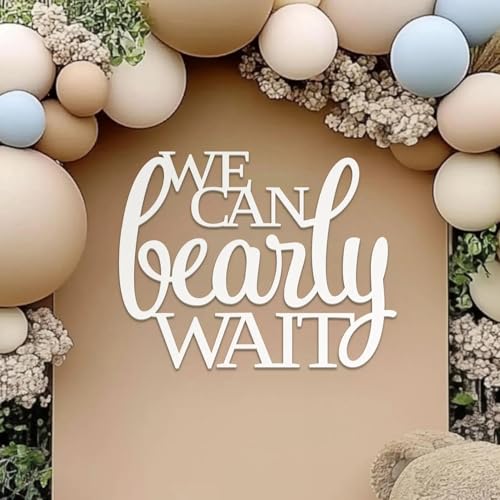 QWTOWFM We Can Bearly Wait Sign for Backdrop,Wooden Bear Themed Baby Party Banner for Boy Girl Baby Shower Gender Reveal 1st Birthday Wall Decor Photography Background