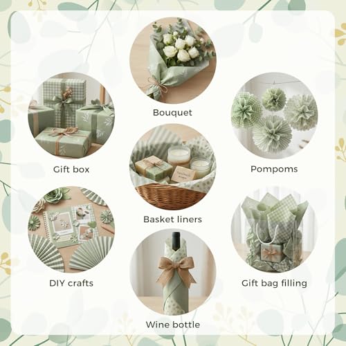 60 Blatt Seidenpapier, 35 x 50cm Frühling Salbeigrünes Geschenkpapier Bastelpapier Verpackungspapier für DIY Basteln Party Festival Muttertag Geburtstag (5 Stile)
