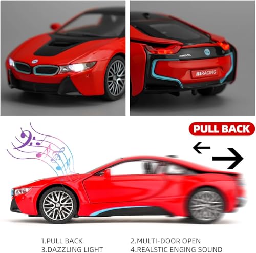 Image of 1:32 BMW i8 Diecast Toy Car Pull Back Metal Car with Openable Doors Sound & Light Features Realistic Kids Gift & Collectible Model for Boys & Girls (Red)