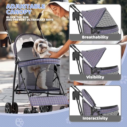 Image of Magshion Compact Fold Pet Travel Stroller for Small Dogs Cats, Plaid | Up to 22lbs, 4-Wheel Lightweight Umbrella Shaped Design, Safety Tethers, Breathable Mesh, Cup Holder & Rear Storage