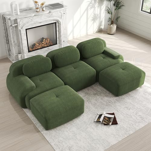 Wyibwy Divano a 3 posti con braccioli curvi,divano componibile con base antiscivolo,Divano angolare con 2 pouf,rivestimento altamente elastico,Nessun assemblaggio richiesto,velluto a coste,Verde