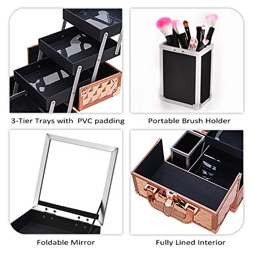 Joligrace Makeup Train Case Cosmetic Box 10 Inches Jewelry Organizer Professional 3 Tiers Trays With Mirror And Brush Holder Lockable Key Portable Travel - Rose Gold #TOP4