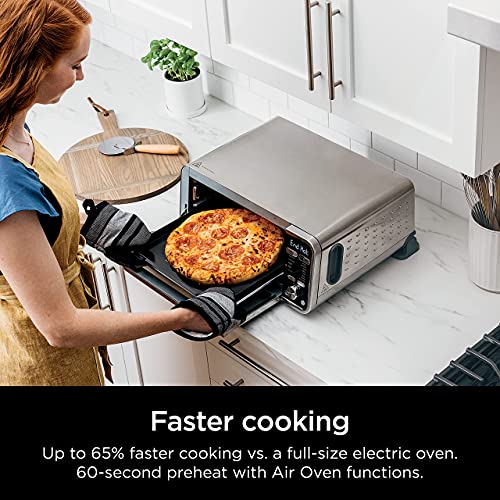 This is a picture of a product for sale called Ninja SP301 Dual Heat Air Fry Countertop 13-in-1 Oven with Extended Height,  XL Capacity,  Flip Up & Away Capability for Storage Space,  Silver (RENEWED)