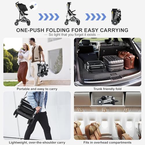 Travel Stroller for Airplane Ultra Compact Umbrella Stroller One-Handed Folding Design Overhead Friendly Lightweight Aluminum Alloy Frame - Image 6