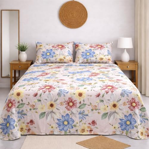 DECORUM Cloud Cotton Double Bedsheet Floral Print with 2 Pillow Covers | 244 TC | Ultra Soft Feel | Premium Comfort | Breathable & Skin Friendly | for Bedroom (90 x 90 Inches)