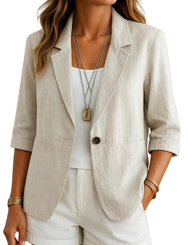 Veste Blazer Femme Blazer en Coton Et Lin pour Femme Cardigan Ouvert sur Le Devant Manches 3/4 Décontracté pour Le Travail Le Bureau Élégant Léger Vêtements D'Extérieur D'Été avec Poches Pa