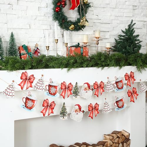 Image of Oudain 2 Pack Christmas Paper Garland Red White Decoration 6.56 ft Hot Cocoa Red Bow Santa Claus Christmas Trees Red Bow Hanging Bunting Banner Flags for Xmas Party Mantel Fireplace Decorations