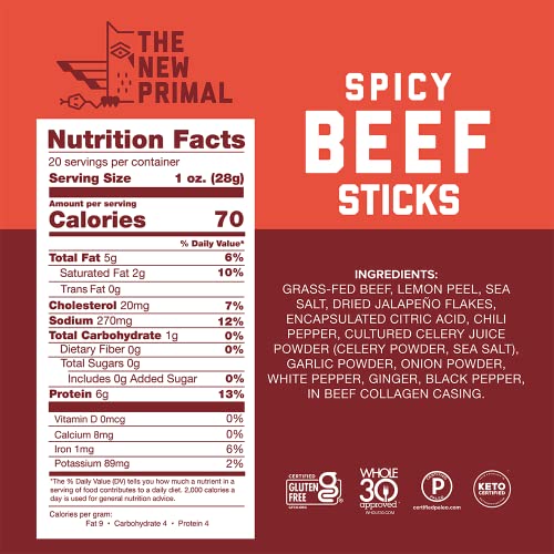 The New Primal Spicy Beef Stick - (20 Count) 1 Oz Meat Stick - 100% Grass-Fed Beef Snack - Whole30 Approved, Certified Paleo, Keto-Friendly, And Gluten-Free Meat Snack With 6G Of Protein #TOP2