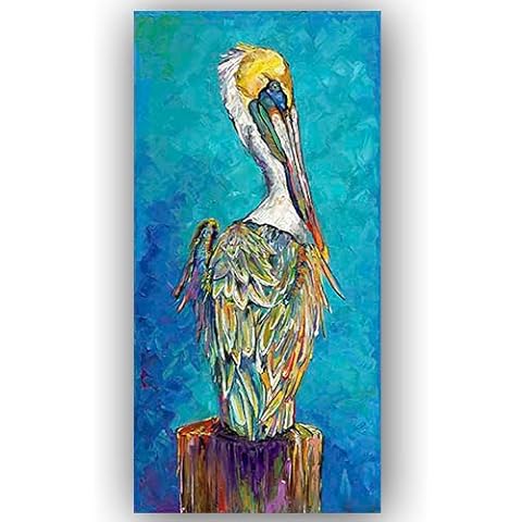 Colorful Pelican Canvas Wall Art Bird Paintings Animal Paintings Blue Turquoise 3D Texture Hand Oil Paintings Modern Home Decor Art Pictures Living Room Wall Decor Office 24"x48" Cover
