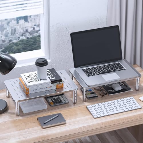 Image of HUANUO Monitor Riser - 3 Height Adjustable Stand for Laptop, Computer, iMac, PC, Printer, Desktop Ergonomic Metal Monitor Riser with Mesh Platform