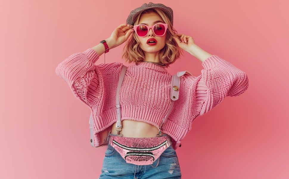 Sequins Waist Bag for Women, Shiny Festival Fanny Pack with Zipper Pocket, Glitter Belt for Rave Parties,Crossbody Bags Glitter Fanny Pack metallic fanny pack (Sequin Black) - Image 5