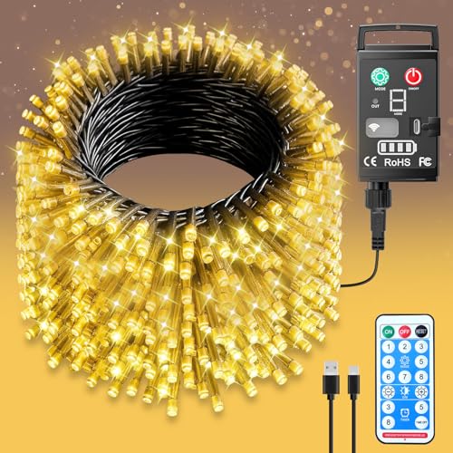 Guijiyi Led Lichterkette Außen Batterie, 20m 200LED Lichterkette Outdoor Batterie, 8 Modi IP44 Wasserdicht Lichterkette Akku USB Aufladbar mit Fernbedienung Timer für Innen Weihnachten Garten Party